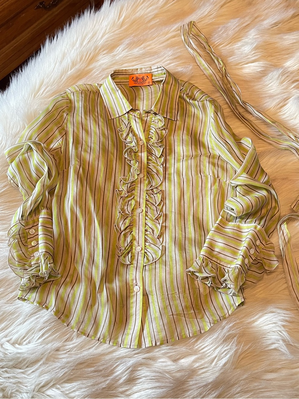 Vintage Juicy Couture green white sheer pinstripe blouse with tie size small